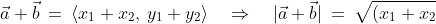 \vec a + \vec b \:=\:\langle x_1+x_2,\:y_1+y_2\rangle \quad\Rightarrow\quad |\vec a + \vec b| \:=\:\sqrt{(x_1+x_2)^2 + (y_1+y_2)^2}